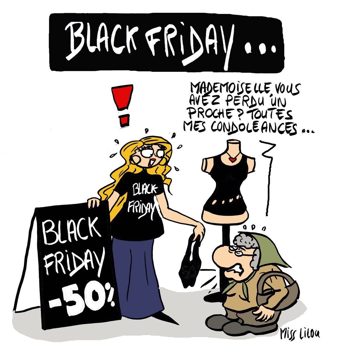 dessin d'actualité humoristique sur le Black Friday