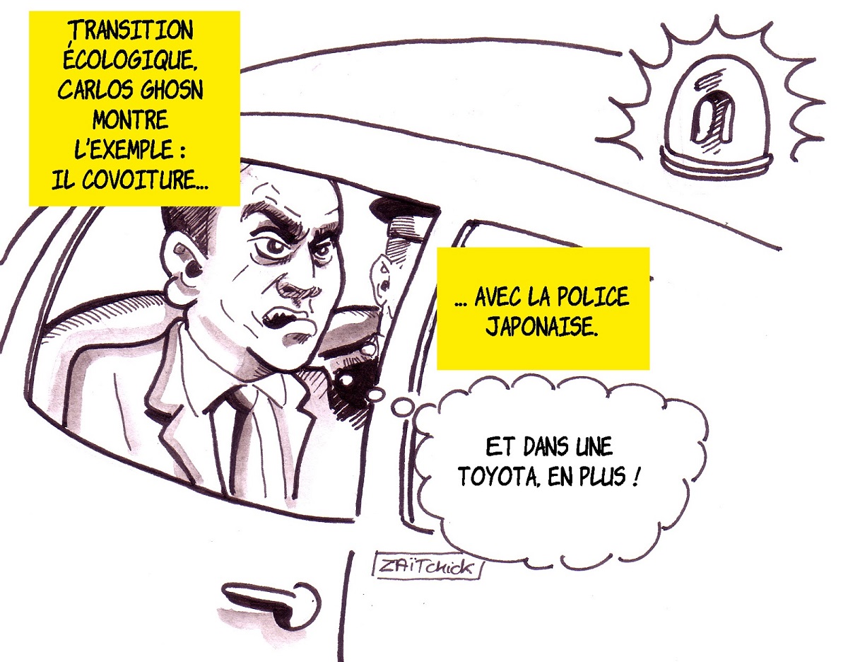 dessin d'actualité humoristique sur l'arrestation de Carlos Ghosn pour fraude fiscale au Japon