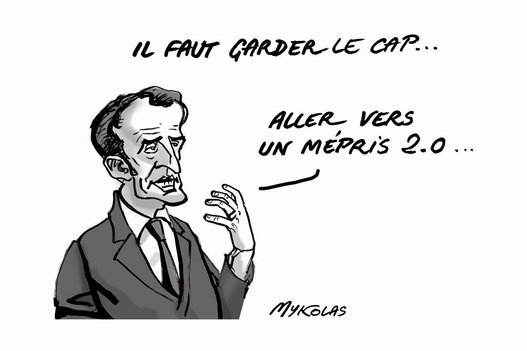 dessin d'actualité humoristique sur la réaction d'Emmanuel Macron face au mouvement des gilets jaunes