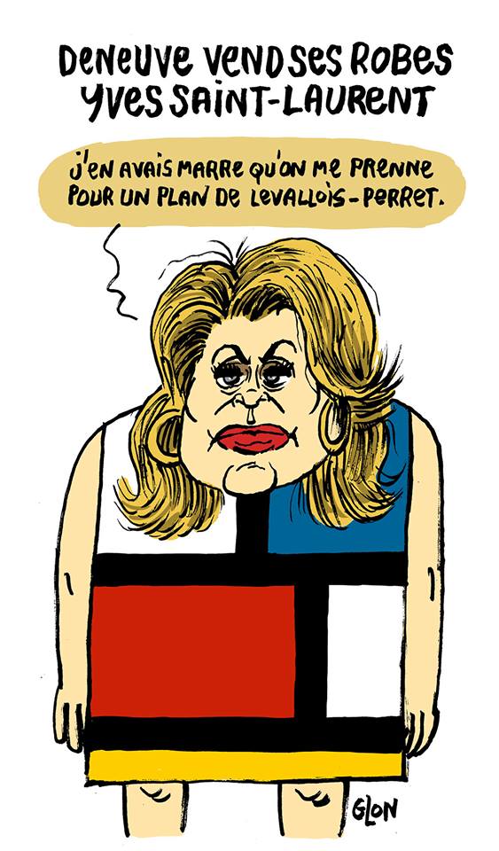 dessin d'actualité humoristique sur la vente par Catherine Deneuve de ses robes Yves Saint-Laurent