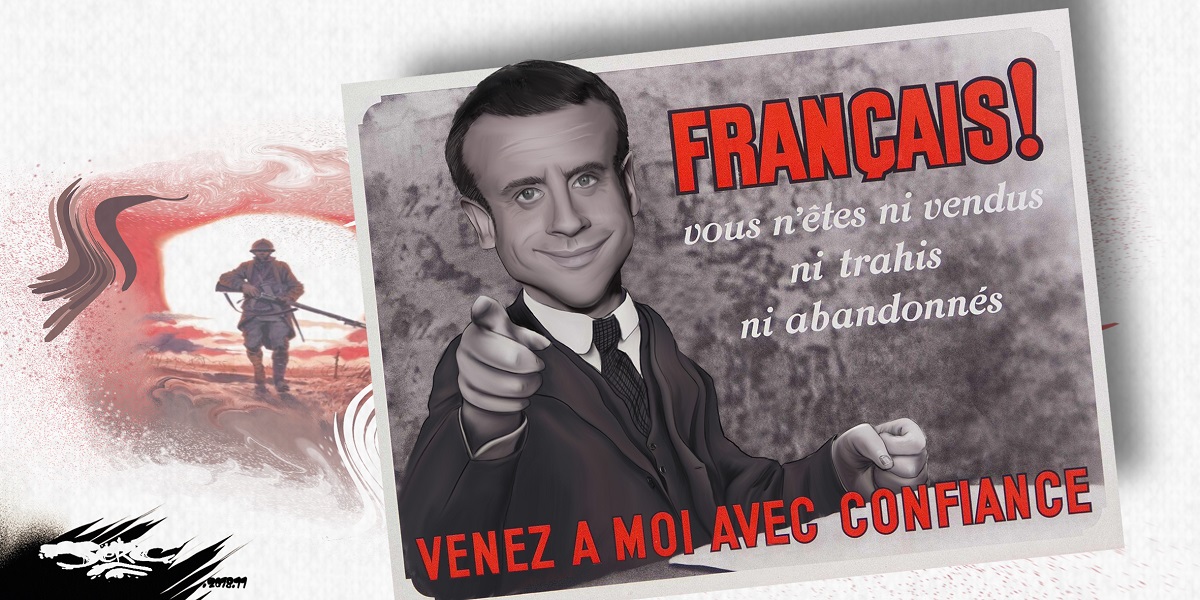 dessin d'actualité humoristique sur Emmanuel Macron en affiche du Maréchal Pétain