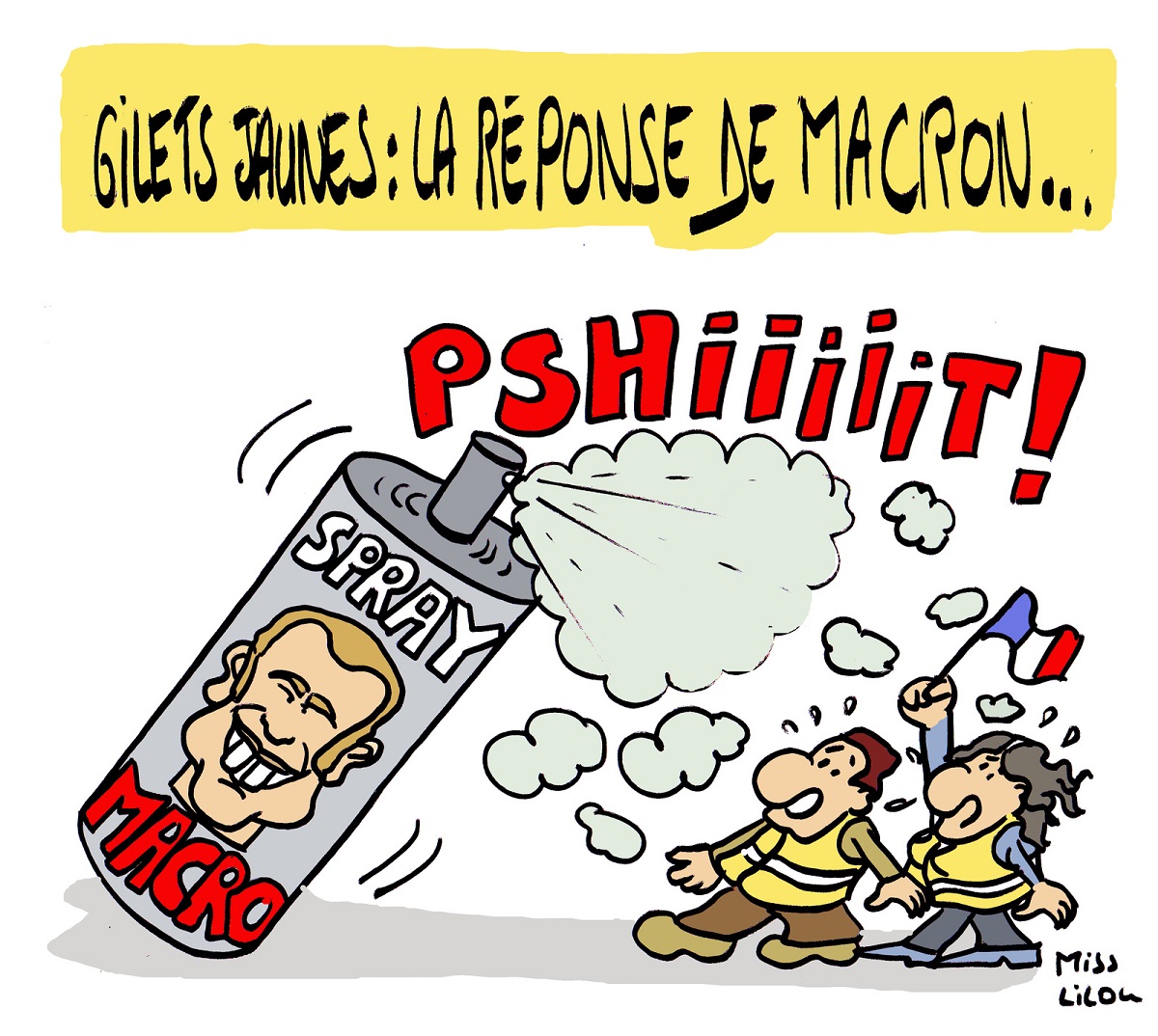 dessin d'actualité humoristique sur Emmanuel Macron et le mouvement des gilets jaunes du 17 novembre
