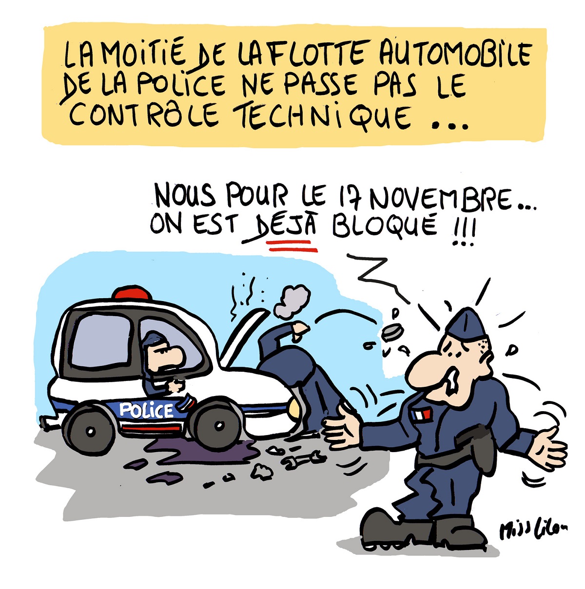 dessin d'actualité humoristique sur l'obsolescence des véhicules de la police française