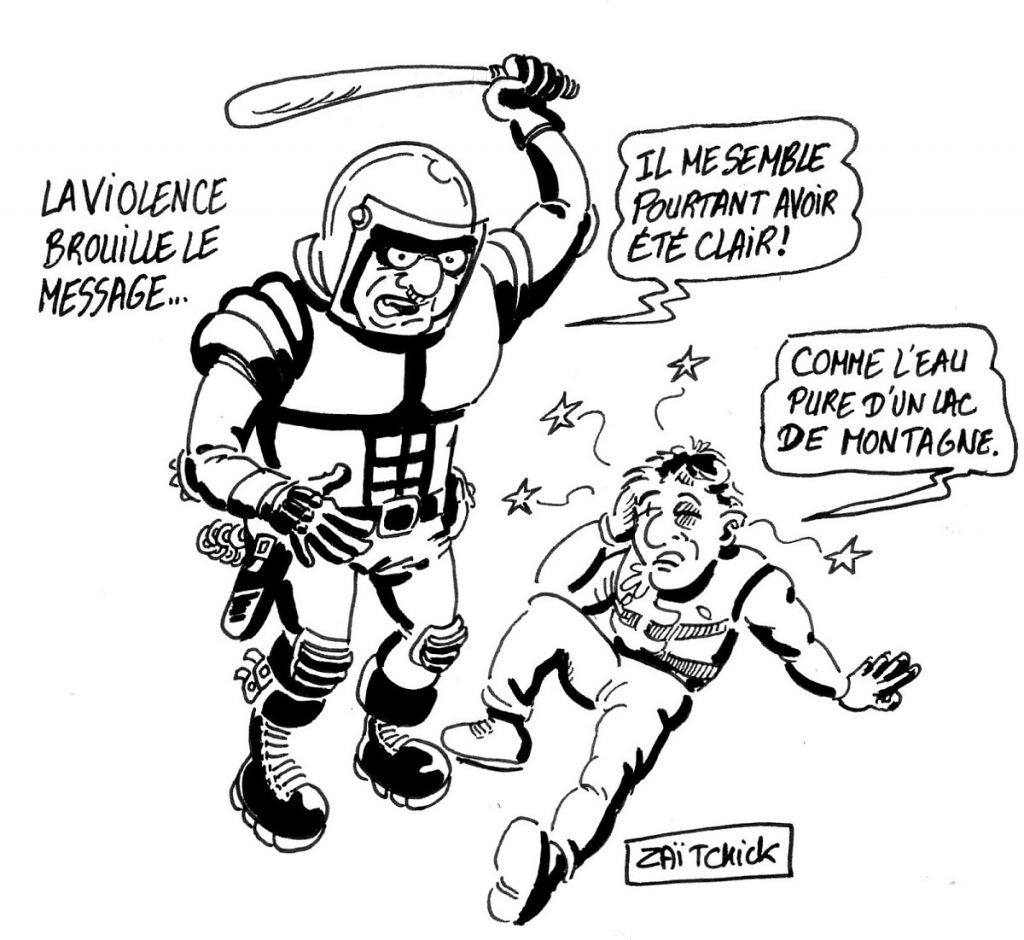 dessin d'actualité humoristique sur les violences policières pendant le mouvement des gilets jaunes