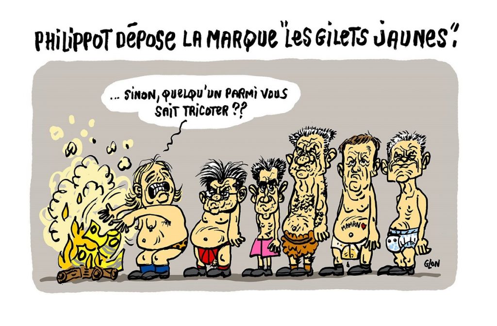 dessin d'actualité humoristique sur le dépôt de la marque "Les gilets jaunes" par Florian Philippot