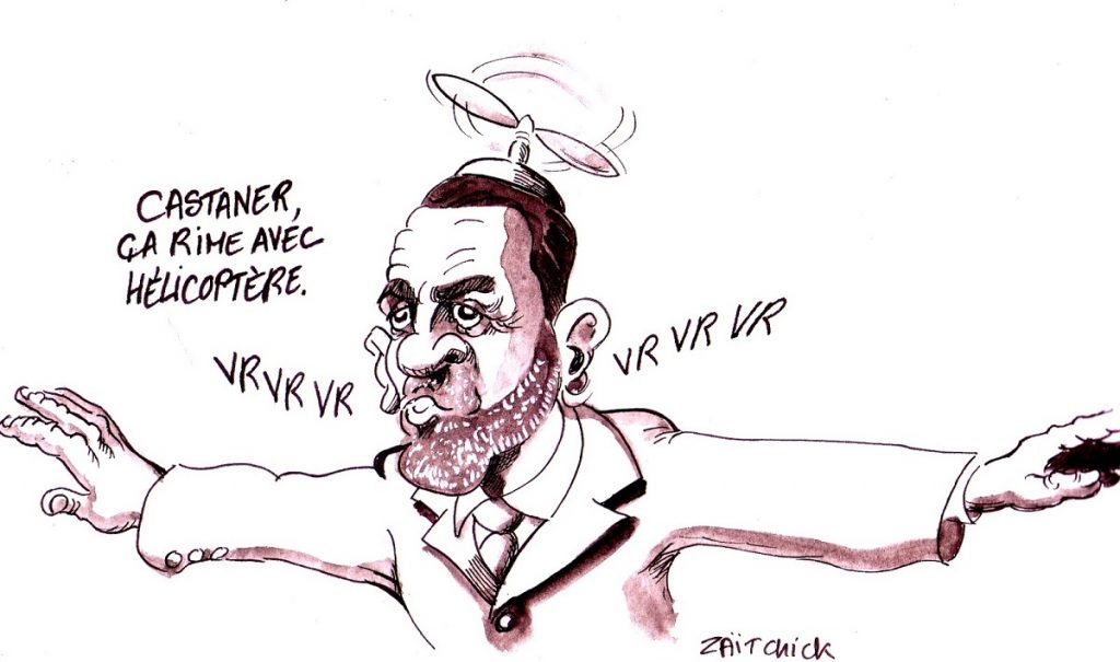 dessin d'actualité humoristique sur le déplacement en hélicoptère de Christophe Castaner