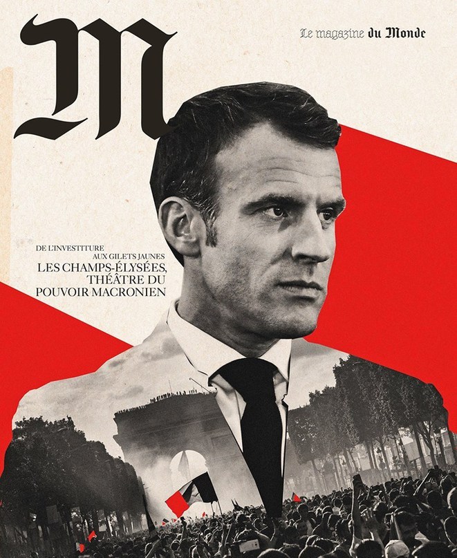 reproduction de la une de M le magazine du monde représentant Emmanuel Macron