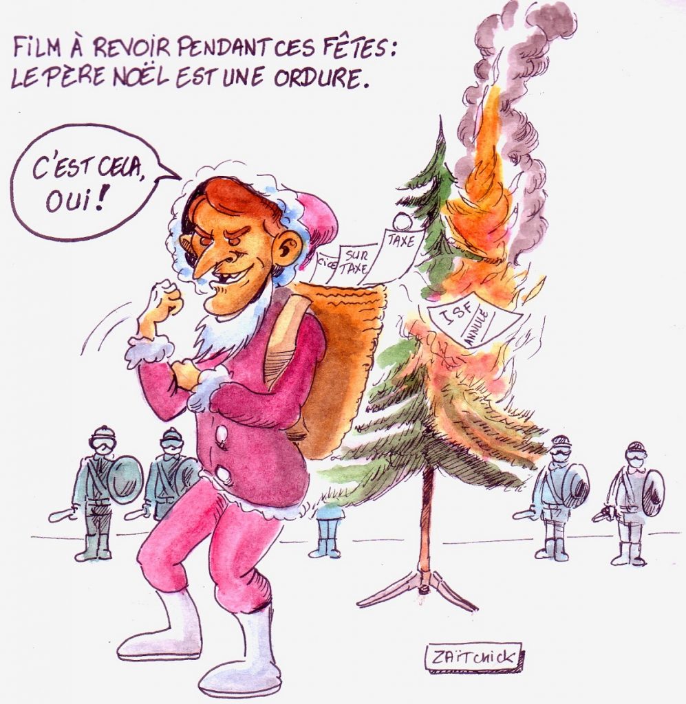 dessin d'actualité humoristique d'Emmanuel Macron en Père Noël est une ordure