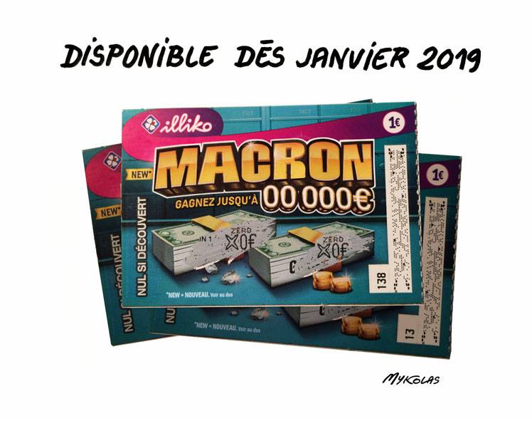 dessin d'actualité humoristique sur le ticket de jeu à gratter Emmanuel Macron