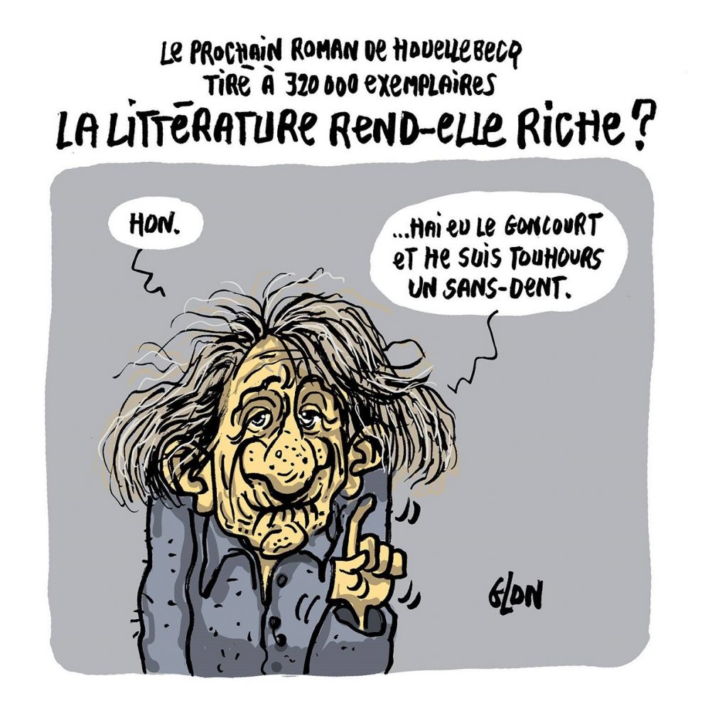 dessin d'actualité humoristique sur la sortie du nouveau roman de dessin de Michel Houellebecq