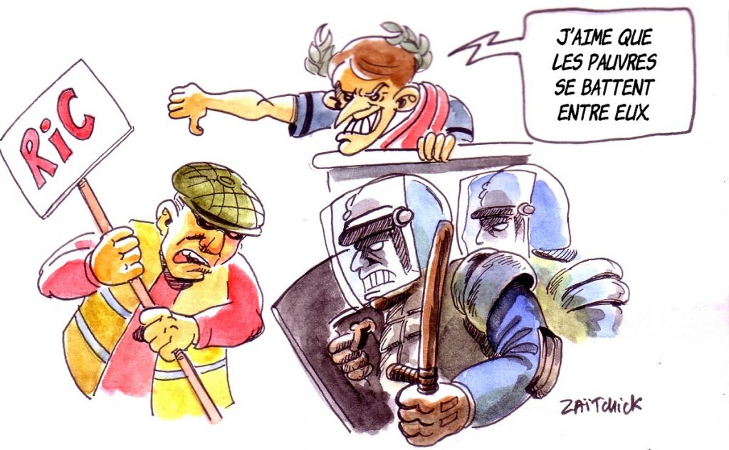 dessin d'actualité humoristique sur Emmanuel Macron gérant le mouvement des gilets jaunes