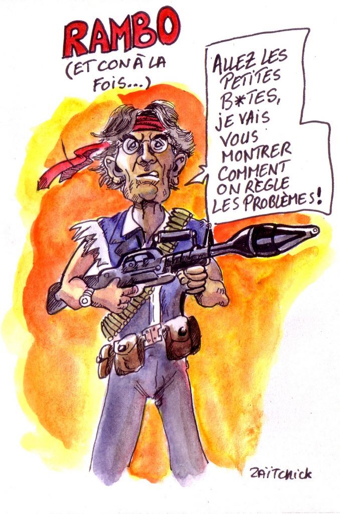 dessin d'actualité humoristique sur la proposition de Luc Ferry du tir à balles réelles par les CRS sur les gilets jaunes