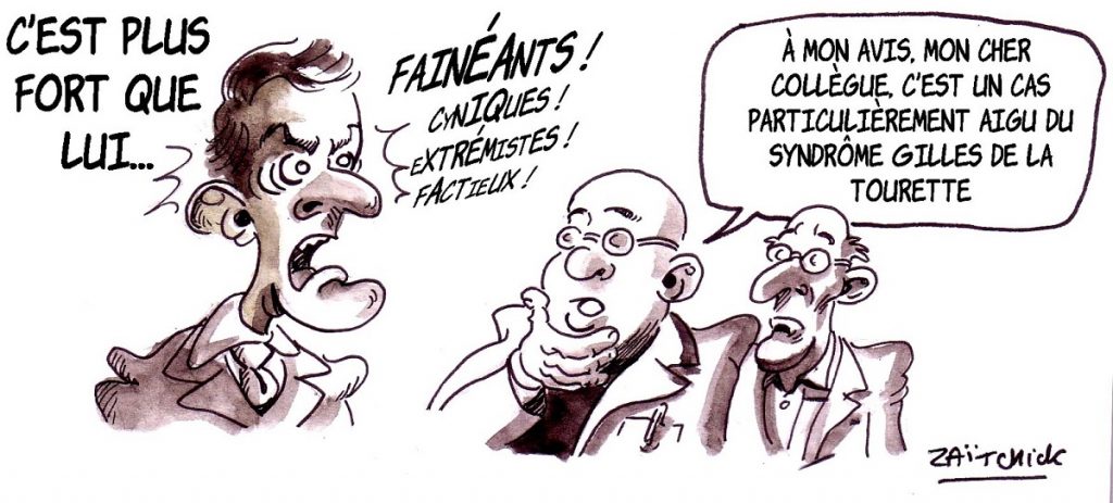 dessin d'actualité humoristique sur la propension d'Emmanuel Macron à insulter et mépriser les français