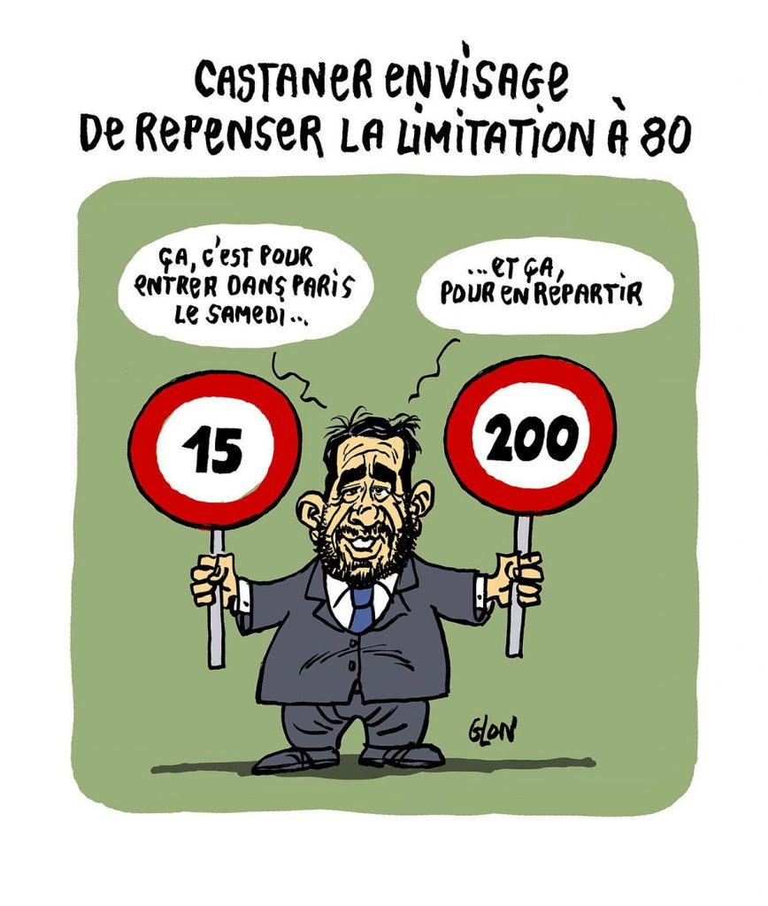 dessin d'actualité humoristique sur Christophe Castaner et les limitations de vitesse