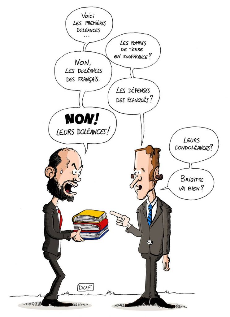 dessin d'actualité humoristique sur le grand débat national d'Emmanuel Macron