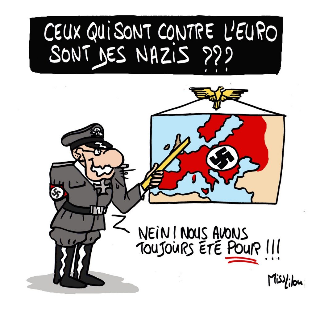 dessin d'actualité humoristique sur les opposants à l'Euro considérés comme des nazis