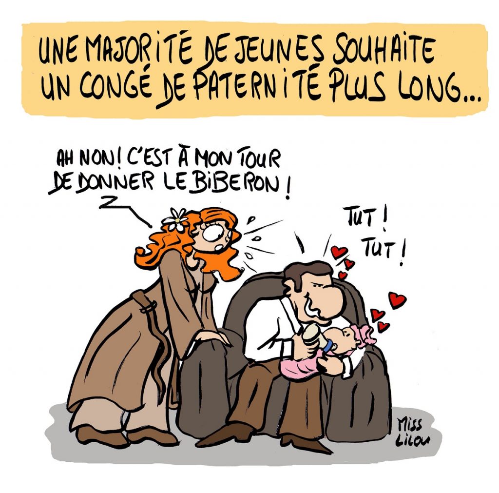 dessin d'acutalité humoristique sur les jeunes et le congé de paternité