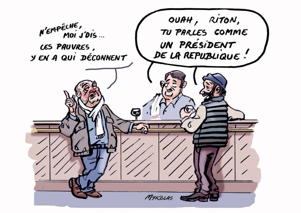 dessin d'actualité humoristique sur les pauvres qui déconnent d'Emmanuel Macron