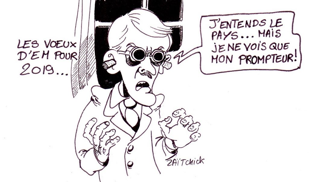 dessin d'actualité humoristique sur les voeux d'Emmanuel Macron