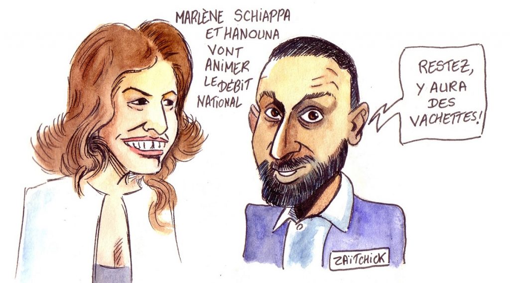 dessin d'actualité humoristique sur l'émission de Cyril Hanouna et Marlène Schiappa autour du grand débat national