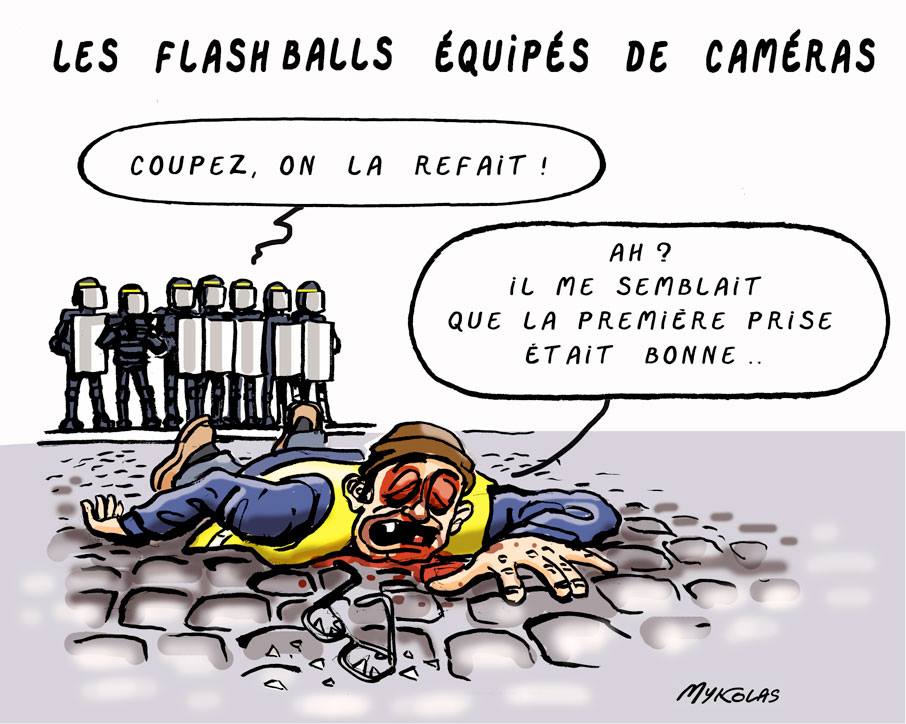 dessin d'actualité humoristique sur les violences policières et l'utilisation des flashballs