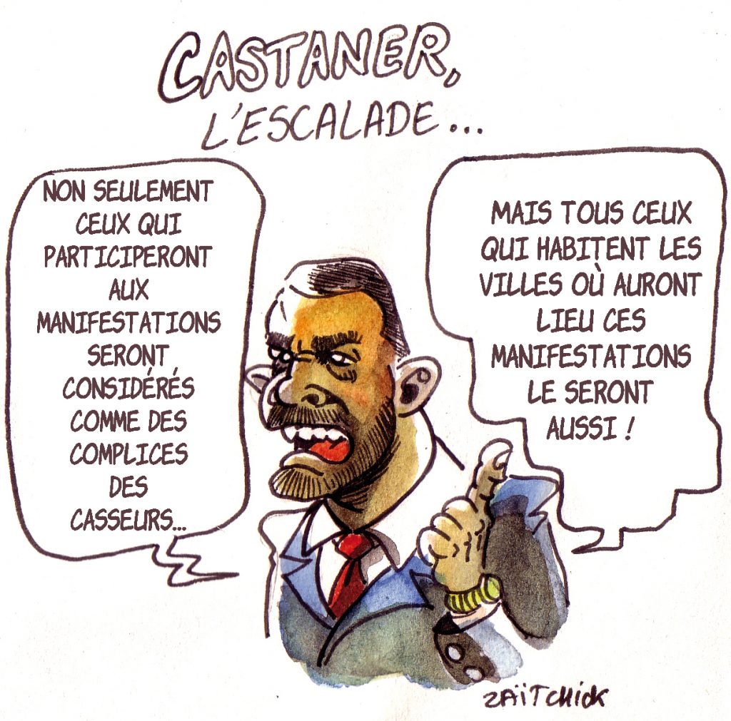 dessin d'actualité drôle sur Christophe Castaner et les casseurs pendant le mouvement des gilets jaunes