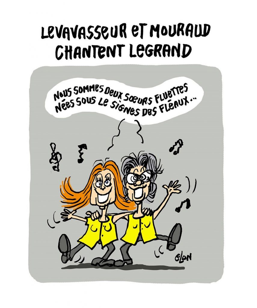 dessin d'actualité humoristique sur la mort de Michel Legrand, Jacline Mouraud et Ingrid Levavasseur