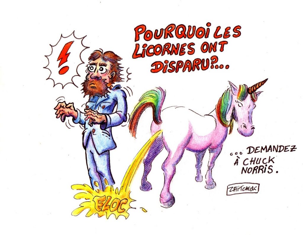 dessin d'actualité humoristique sur Chuck Norris et les licornes