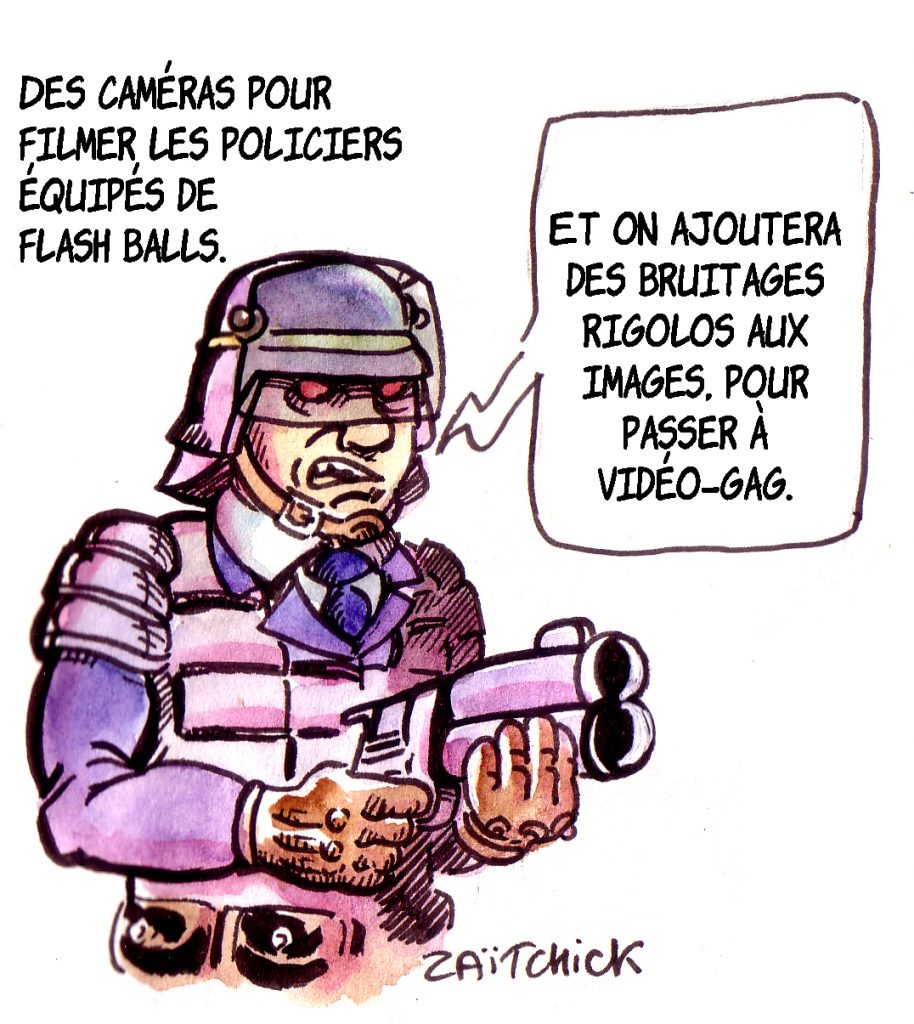 dessin d'actualité humoristique sur les violences policières et l'utilisation des flashballs