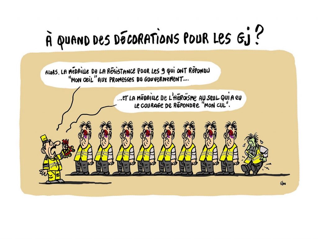 dessin d'actualité humoristique sur le mouvement des gilets jaunes et les violences policières