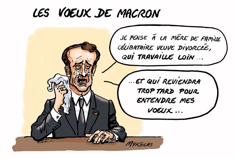 dessin d'actualité humoristique sur les voeux d'Emmanuel Macron