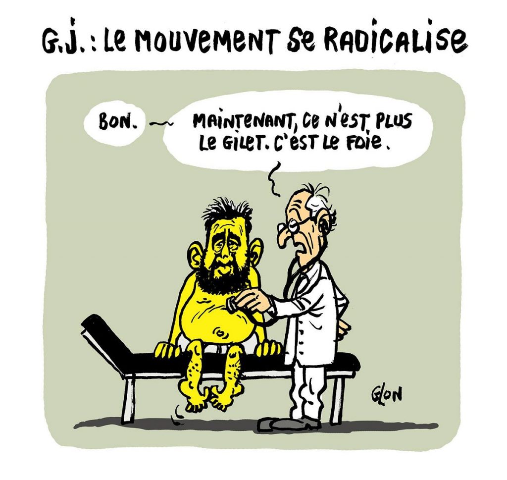 dessin d'actualité humoristique sur la radicalisation du mouvement des gilets jaunes