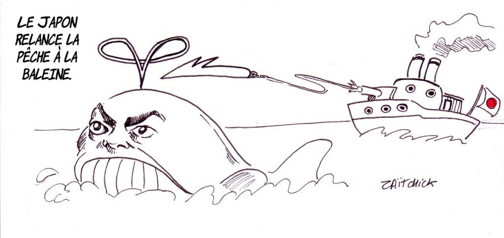 dessin d'actualité humoristique sur le Japon, Carlos Ghosn, et la pêche à la baleine