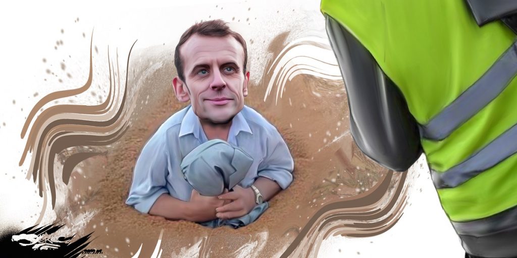 dessin d'actualité humoristique sur Emmanuel Macron face au mouvement des gilets jaunes