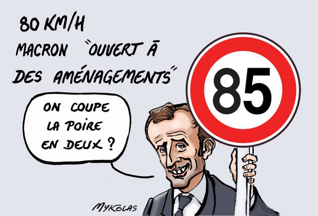 dessin d'actualité humoristique sur Emmanuel Macron et les aménagements de la limitation de vitesse à 80km/h