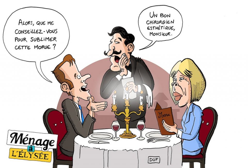 dessin d'actualité humoristique sur le couple présidentiel au restaurant