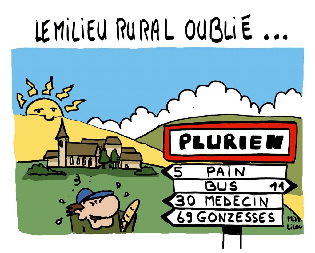 dessin d'actualité humoristique sur la désertification du milieu rural français
