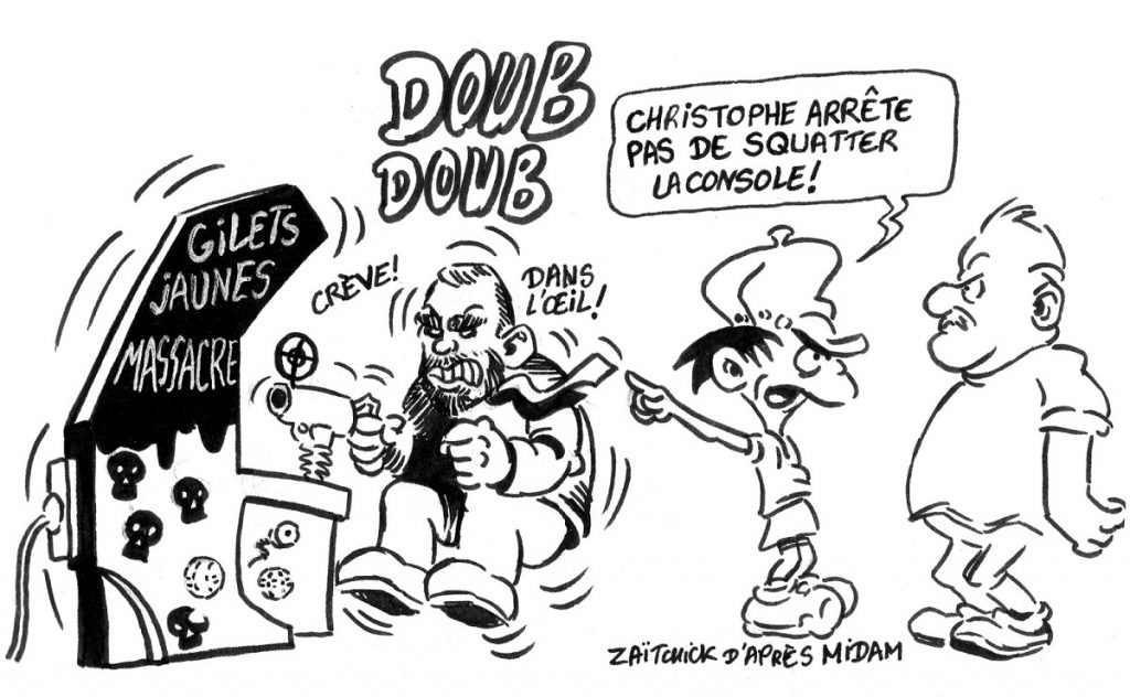 dessin d'actualité humoristique sur Christophe Castaner jouant à massacrer les gilets jaunes