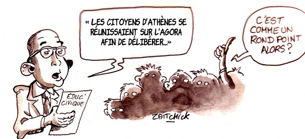 dessin d'actualité humoristique sur les ronds-points des gilets jaunes