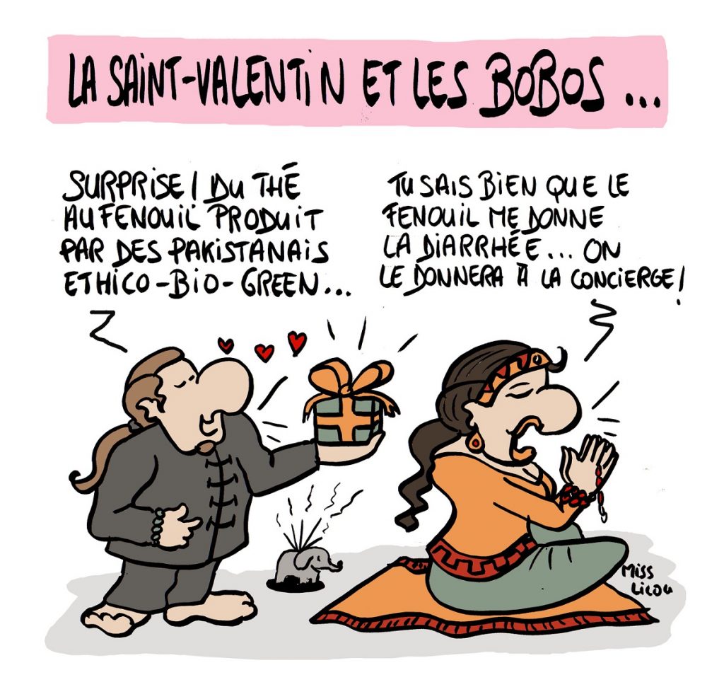 dessin d'actualité humoristique sur les bobos et la Saint-valentin