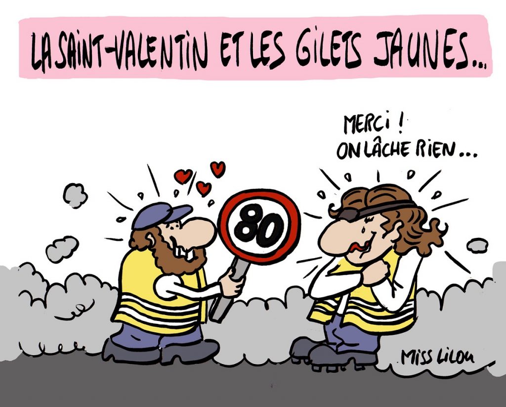 dessin d'actualité humoristique sur les gilets jaunes et la Saint-Valentin