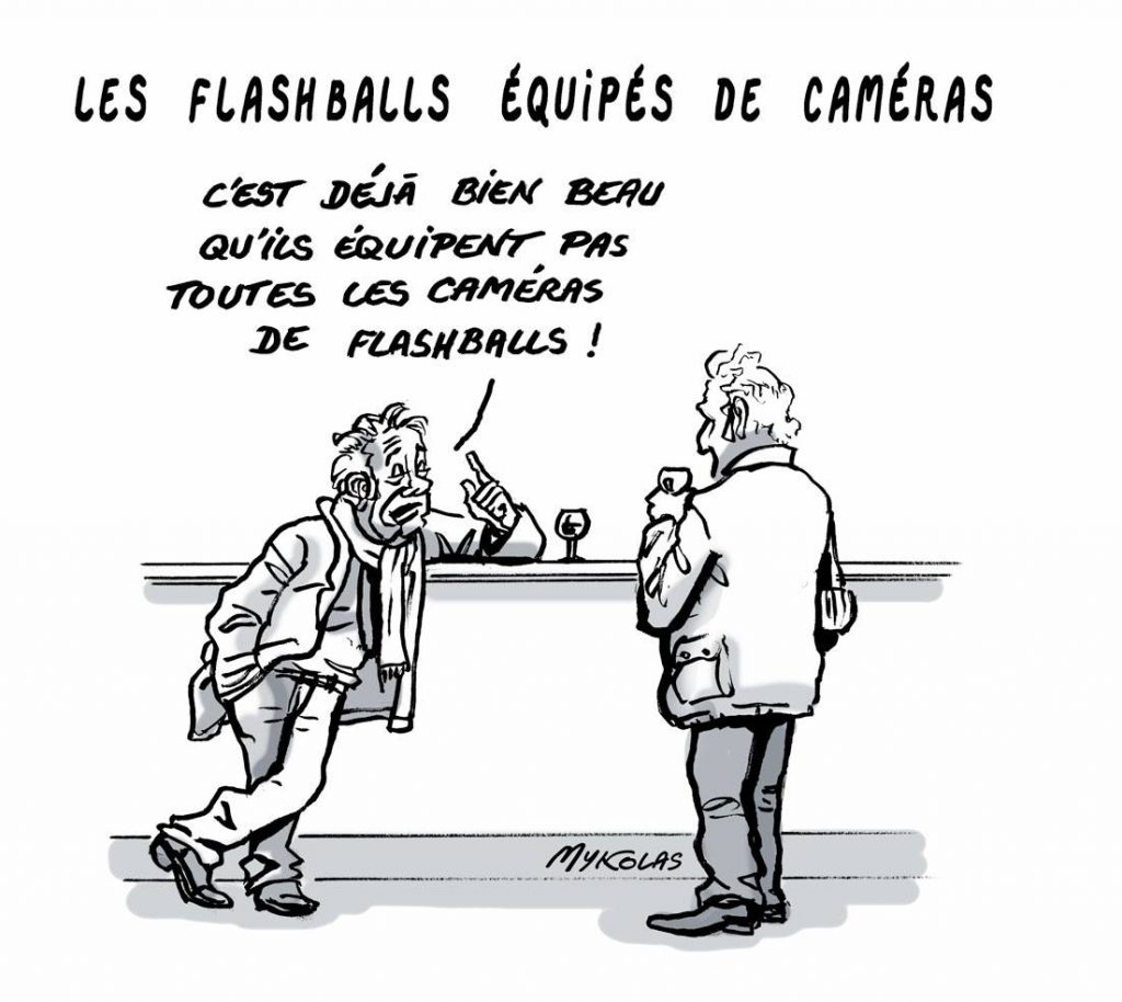 dessin d'actualité humoristique sur les violences policières et l'utilisation des flashballs