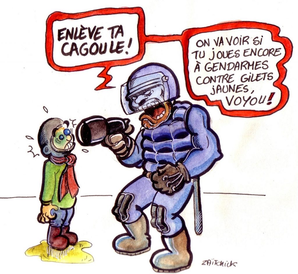 dessin d'actualité humoristique sur la loi anti-casseurs et les violences policières