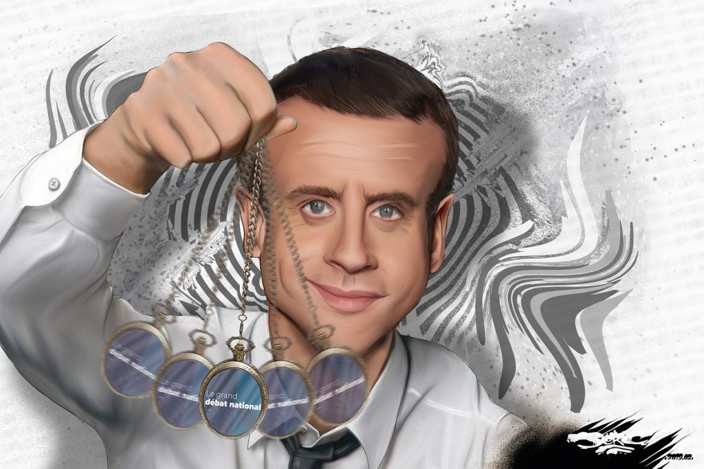 dessin d'actualité humoristique sur Emmanuel Macron et le Grand Débat National