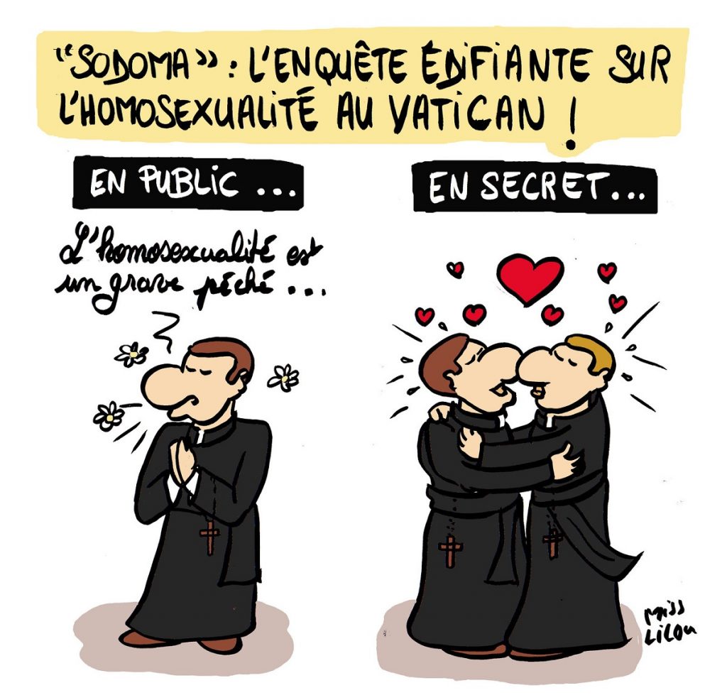 dessin d'actualité humoristique sur les révélations de l'enqueête Sodoma concernant l'homosexualité au Vatican