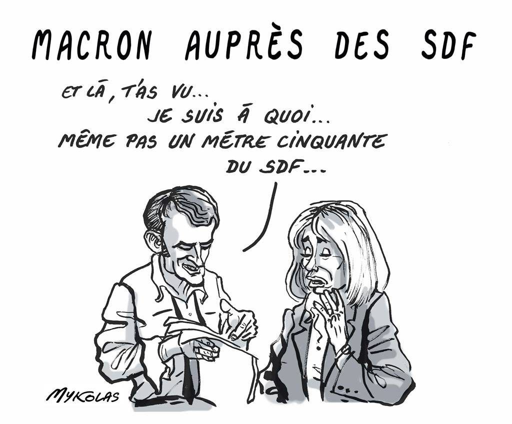 dessin d'actualité humoristique sur la participation d'Emmanuel Macron à une maraude du Samu Social