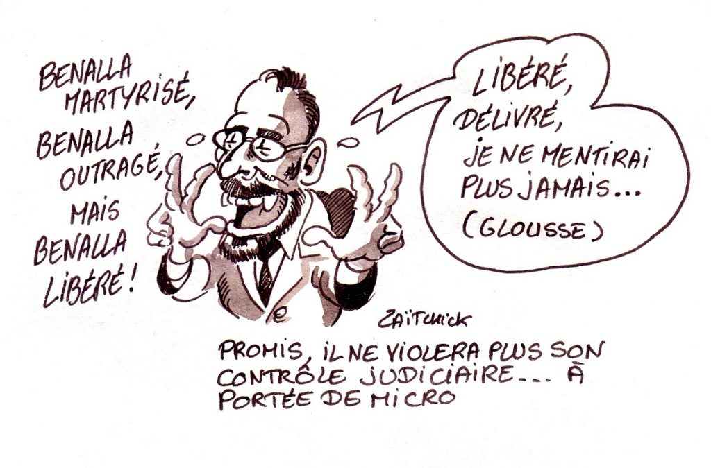 dessin d'actualité humoristique sur la remise en liberté d'Alexandre Benalla