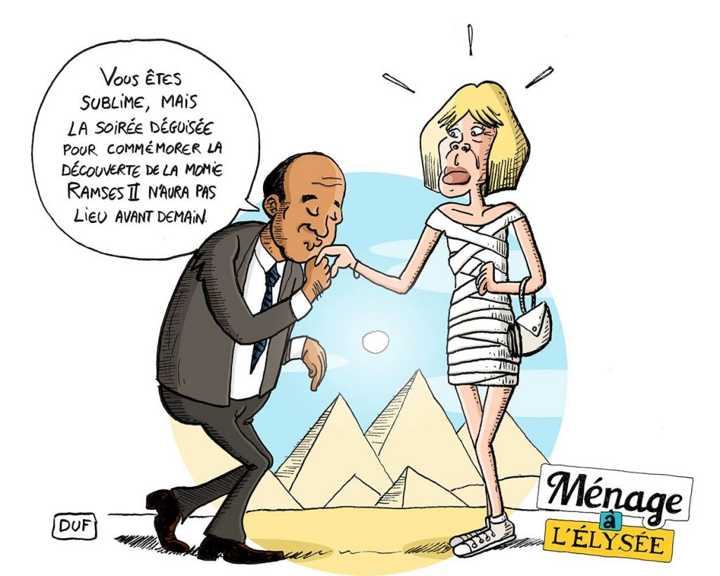 dessin d'actualité humoristique sur la visite d'Emmanuel Macron en Égypte