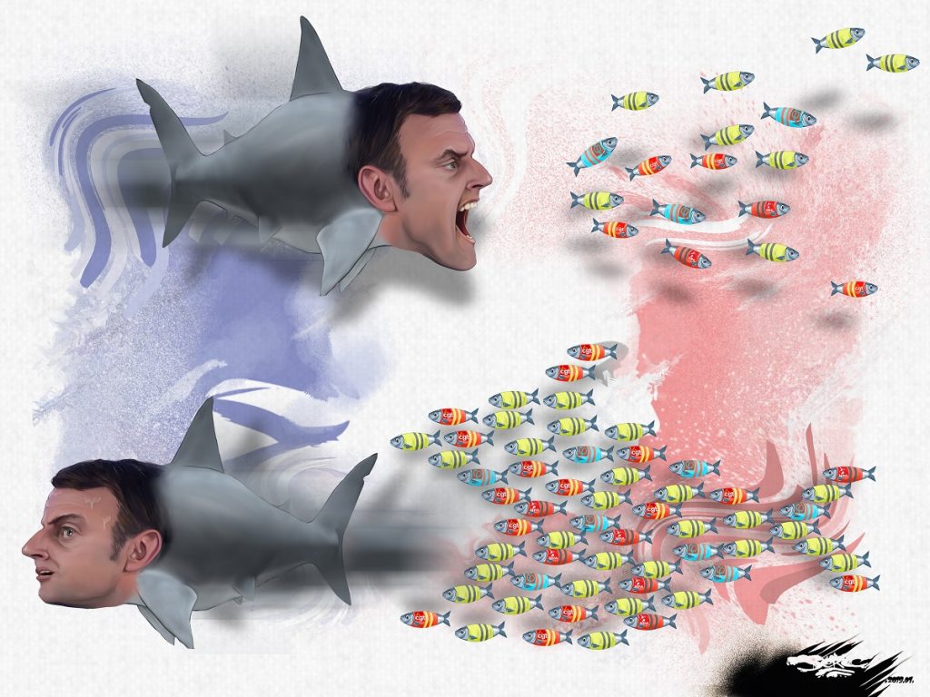 dessin d'actualité humoristique sur Emmanuel Macron face au mouvement des gilets jaunes