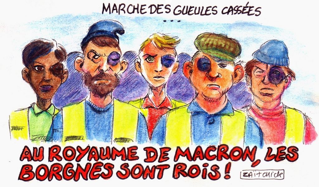 dessin d'actualité humoristique sur les gilets jaunes éborgnés lors des manifestations